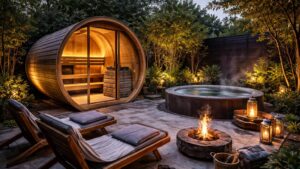 中庭に設置された贅沢なサウナ