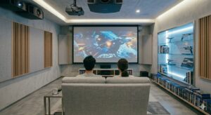 映画の中に入り込めそうなデザインのシアタールーム