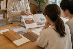 自然素材の家について相談している様子