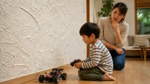 珪藻土の壁に子どもがラジコンを当てないか心配する母 - 滋賀で自然素材・木の家の注文住宅を建てる工務店|株式会社スムース 珪藻土の壁に子どもがラジコンを当てないか心配する母