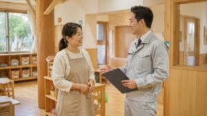 補助金を利用する際の注意点 - 滋賀で自然素材・木の家の注文住宅を建てる工務店|株式会社スムース 幼稚園のリフォームについて業者と話している様子