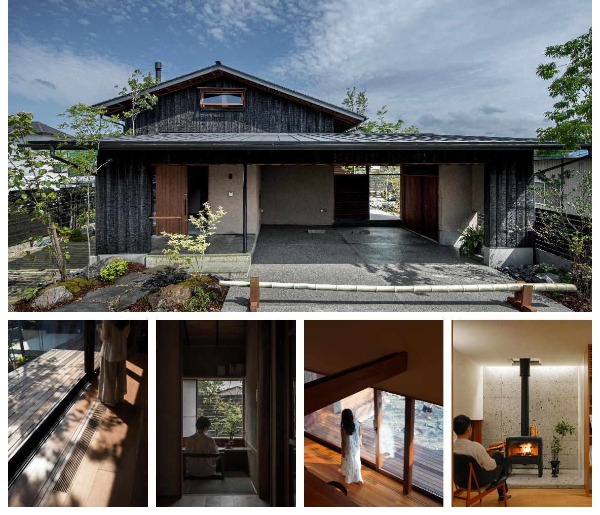 image_2026_8_11 2 - 滋賀で自然素材・木の家の注文住宅を建てる工務店|株式会社スムース Exterior view of a modern, dark-wood house with a wide carport, small garden and blue sky. Best for a homepage hero image.