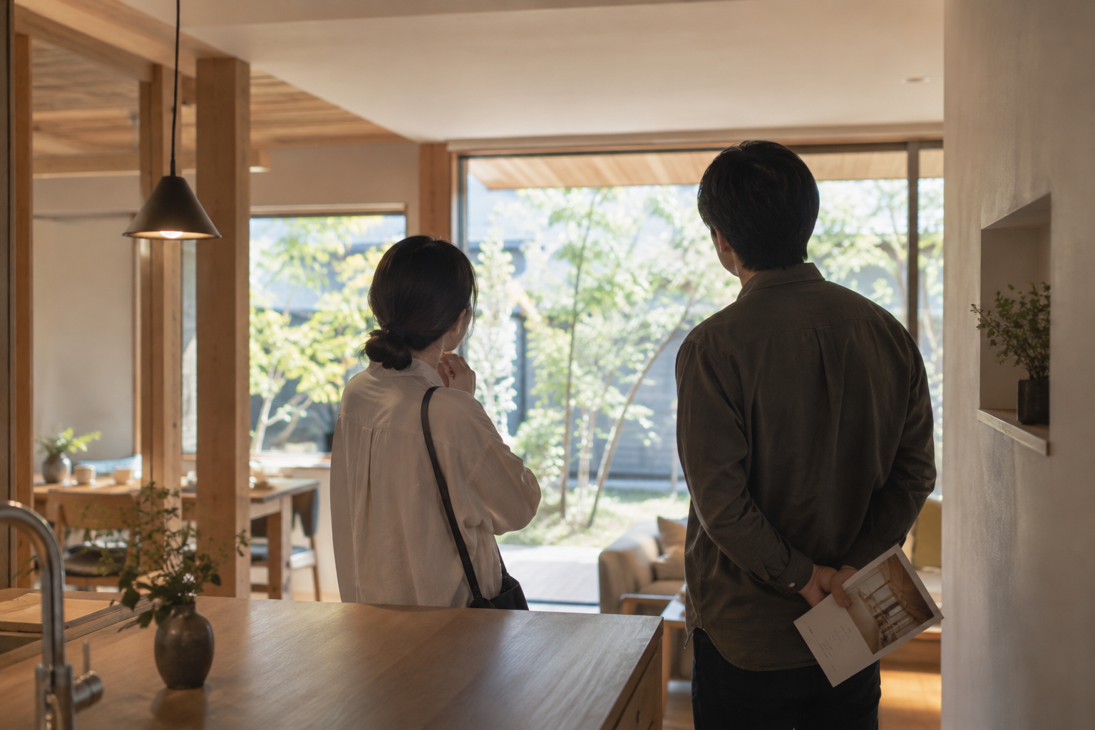Couple stands with backs to the camera in a sunlit, wood-accented living space, looking out at a green garden through large windows.